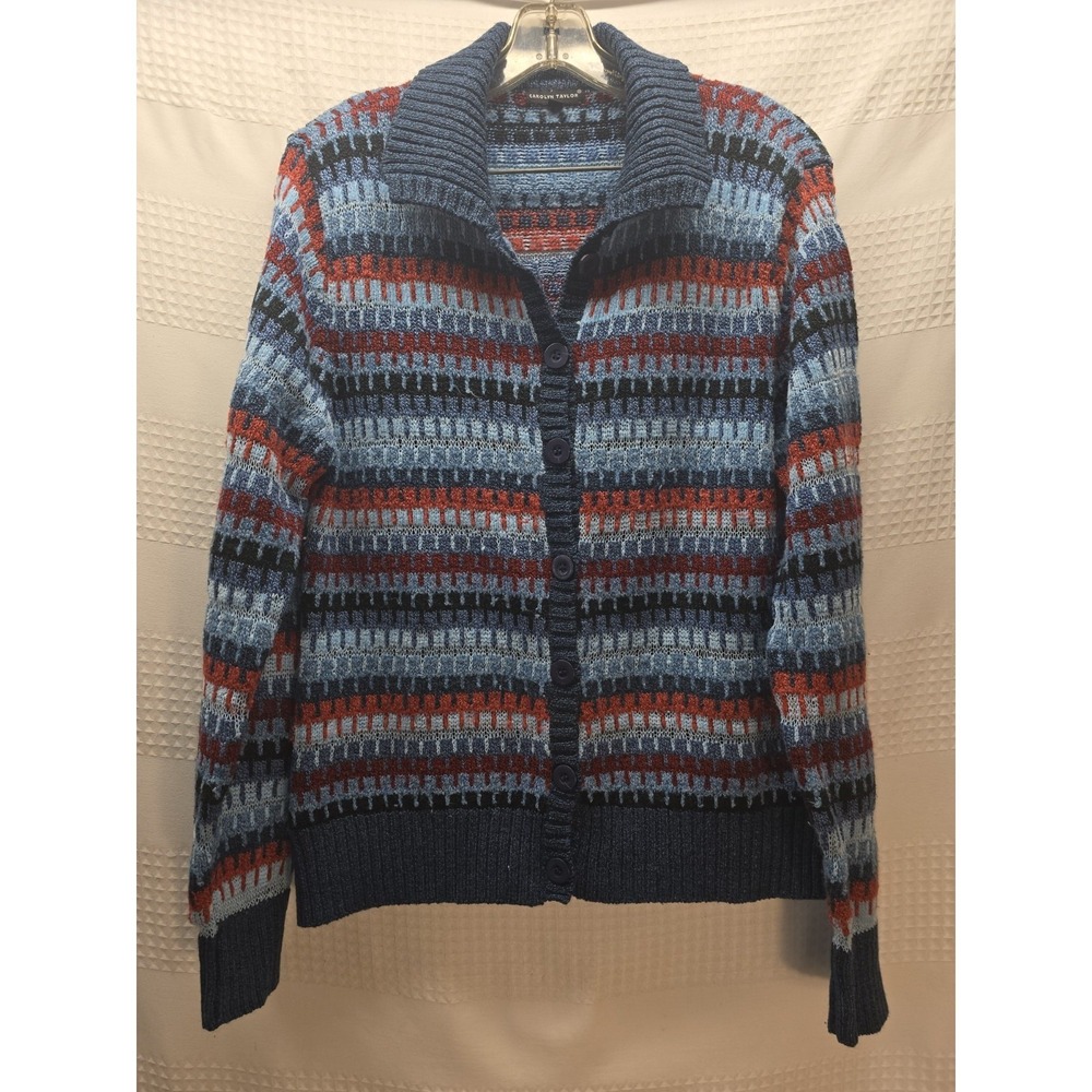 Carolyn Taylor Vintage Cardigan Sweater Womens Large Blue Red Striped Knit 8267